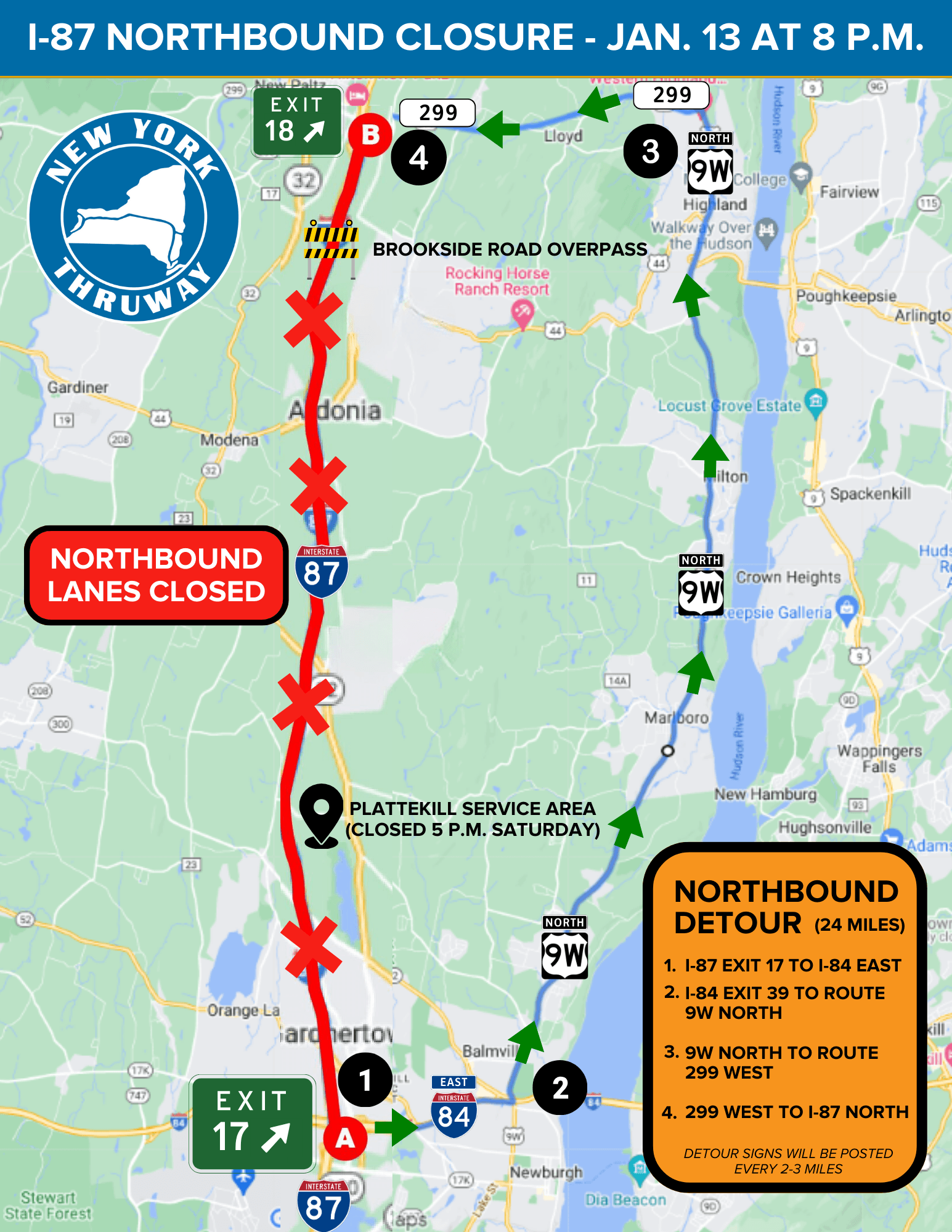 Detour Map for Thruway Closure 1/13/24