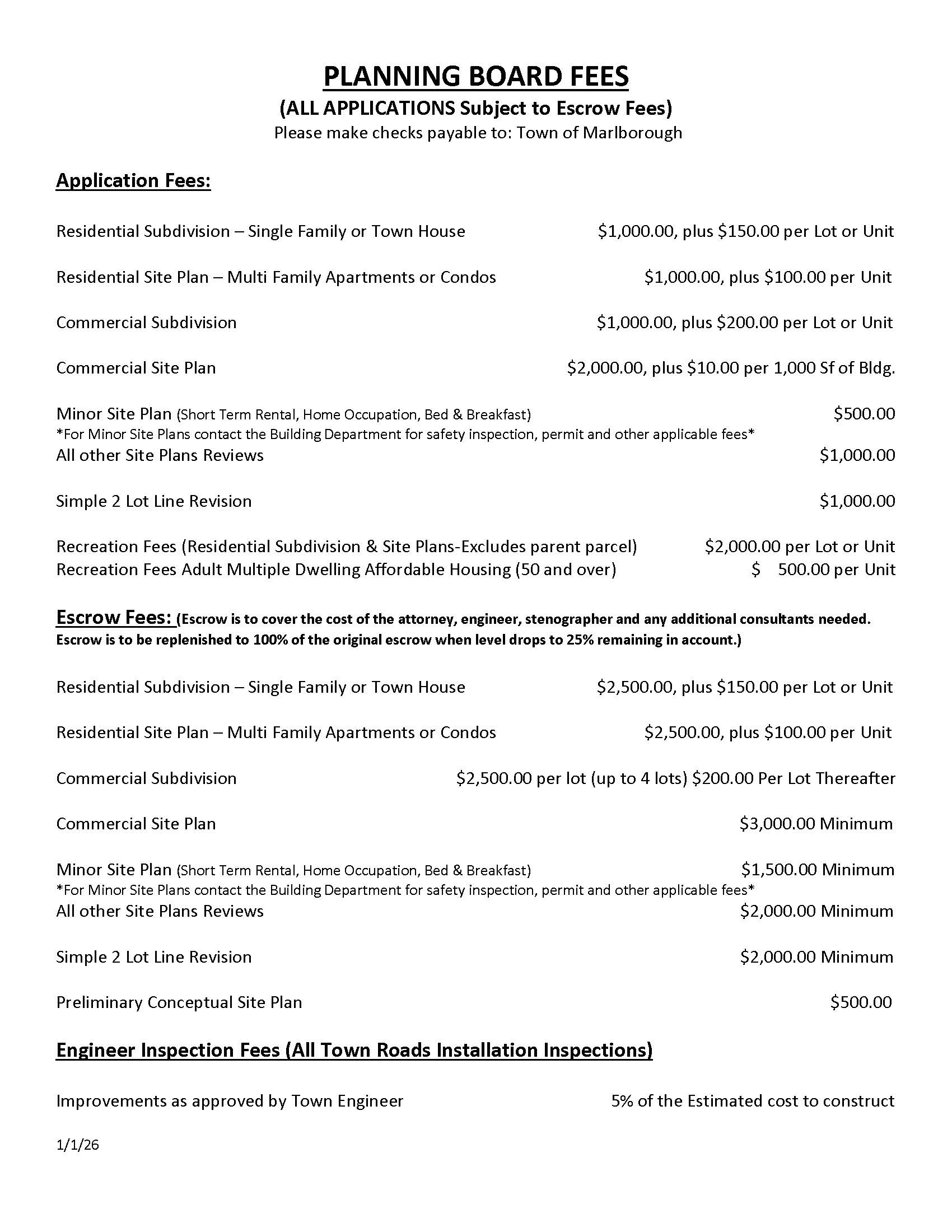 Words Describing Planning Board Fees